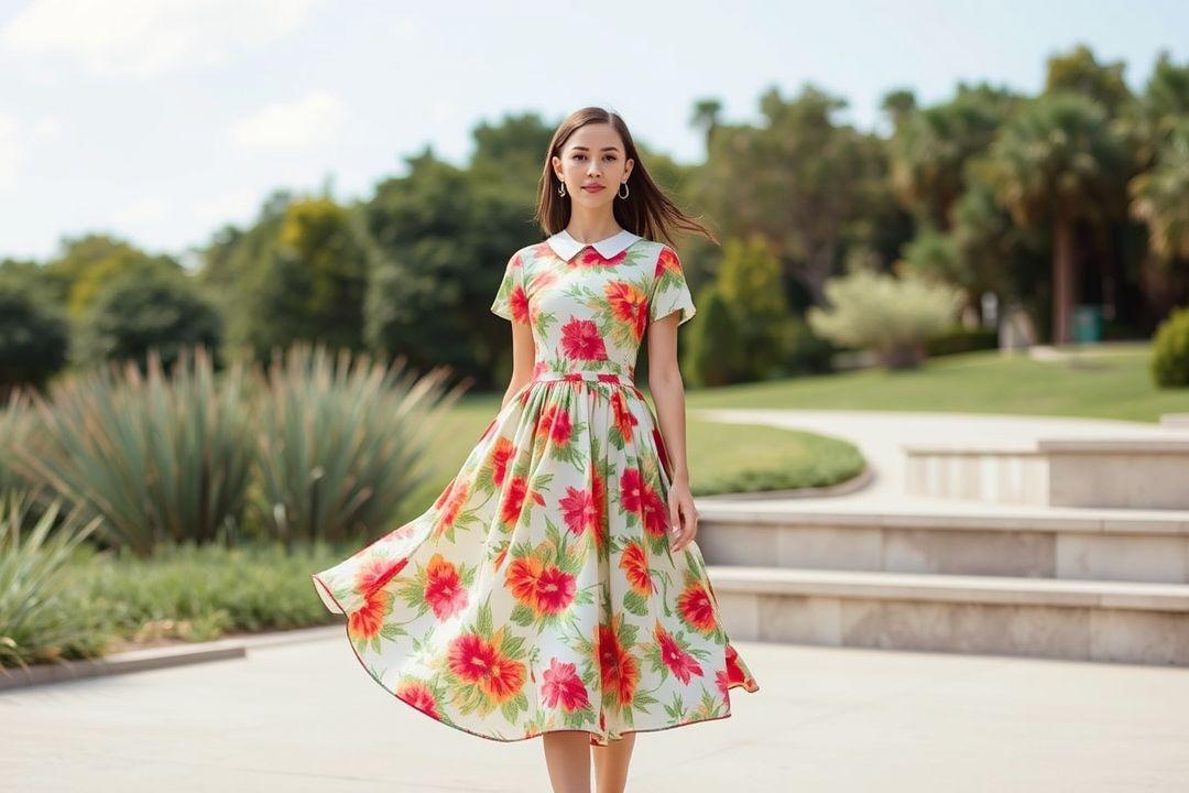 Платье с пышной юбкой, яркий цветочный принт, короткие рукава, минималистичный воротник
