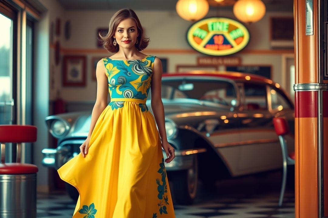 Платье в стиле 60-х годов, с обтягивающим силуэтом и юбкой-колоколом, яркий цвет, стильный узор