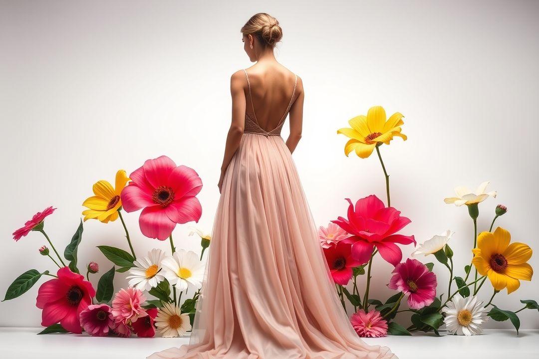 Вечернее платье с длинным рукавом, яркий цветочный принт на черном фоне, легкая струящаяся юбка