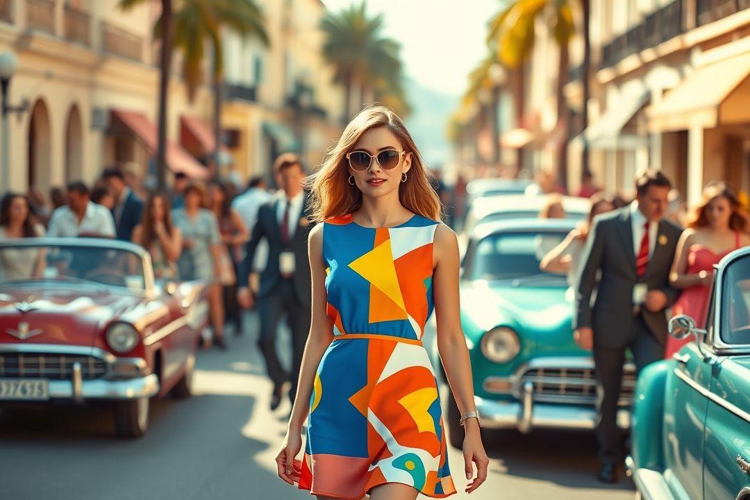 Платье в стиле 60-х годов, с обтягивающим силуэтом и юбкой-колоколом, яркий цвет, стильный узор