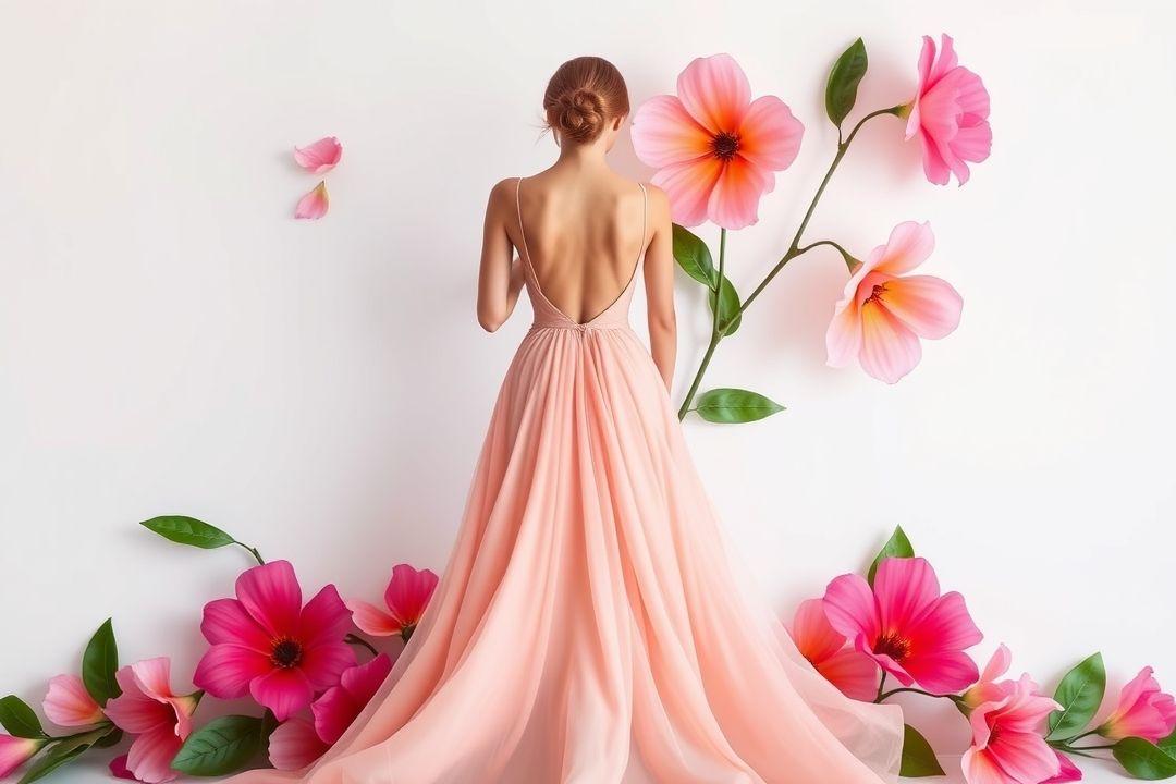 Вечернее платье с длинным рукавом, яркий цветочный принт на черном фоне, легкая струящаяся юбка