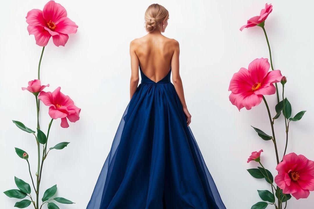 Вечернее платье с длинным рукавом, яркий цветочный принт на черном фоне, легкая струящаяся юбка