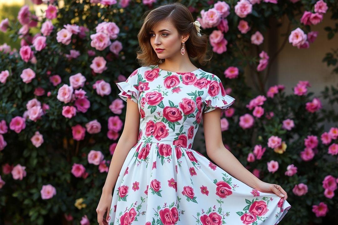 Платье в мелкий цветочек, девушка на лугу, зелёная трава