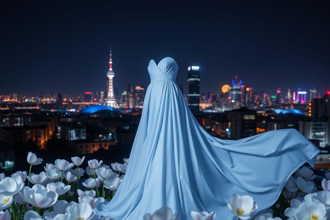 Чёрное вечернее платье в крупный белый горох, приталенный силуэт, открытые плечи, вечерний свет