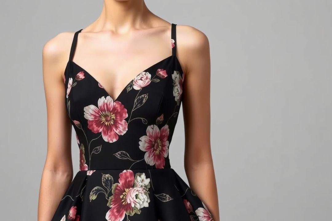 Вечернее платье без плеч, насыщенные цветы на мягком летнем фоне, горизонтальные слои ткани