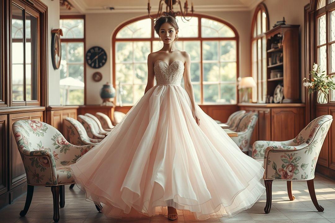 Платье с высоким воротником и длинными рукавами, в горошек, сочетание черного и белого цветов, на фоне ретро-автомобиля