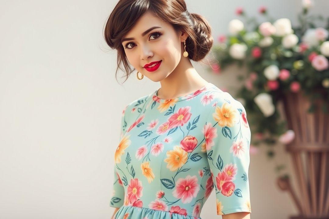 Платье в мелкий цветочек, девушка на лугу, зелёная трава