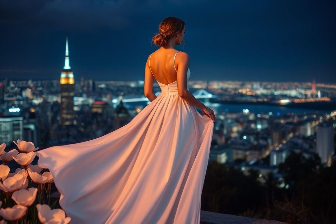 Чёрное вечернее платье в крупный белый горох, приталенный силуэт, открытые плечи, вечерний свет