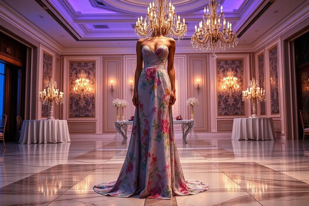 Вечернее платье без плеч, насыщенные цветы на мягком летнем фоне, горизонтальные слои ткани