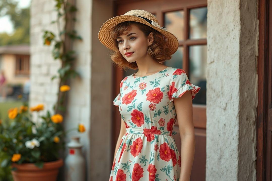 Платье в мелкий цветочек, девушка на лугу, зелёная трава