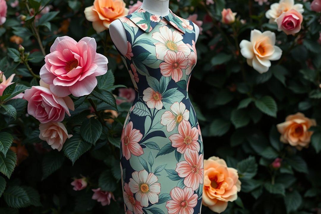 Платье в мелкий цветочек, девушка на лугу, зелёная трава