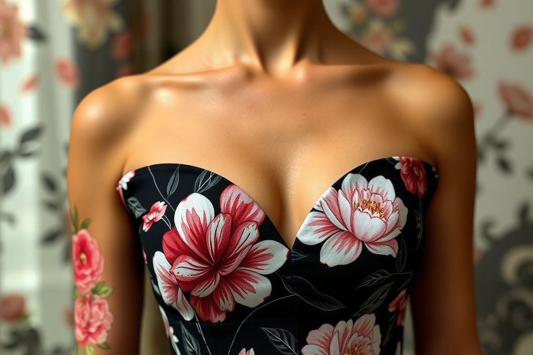 Вечернее платье без плеч, насыщенные цветы на мягком летнем фоне, горизонтальные слои ткани