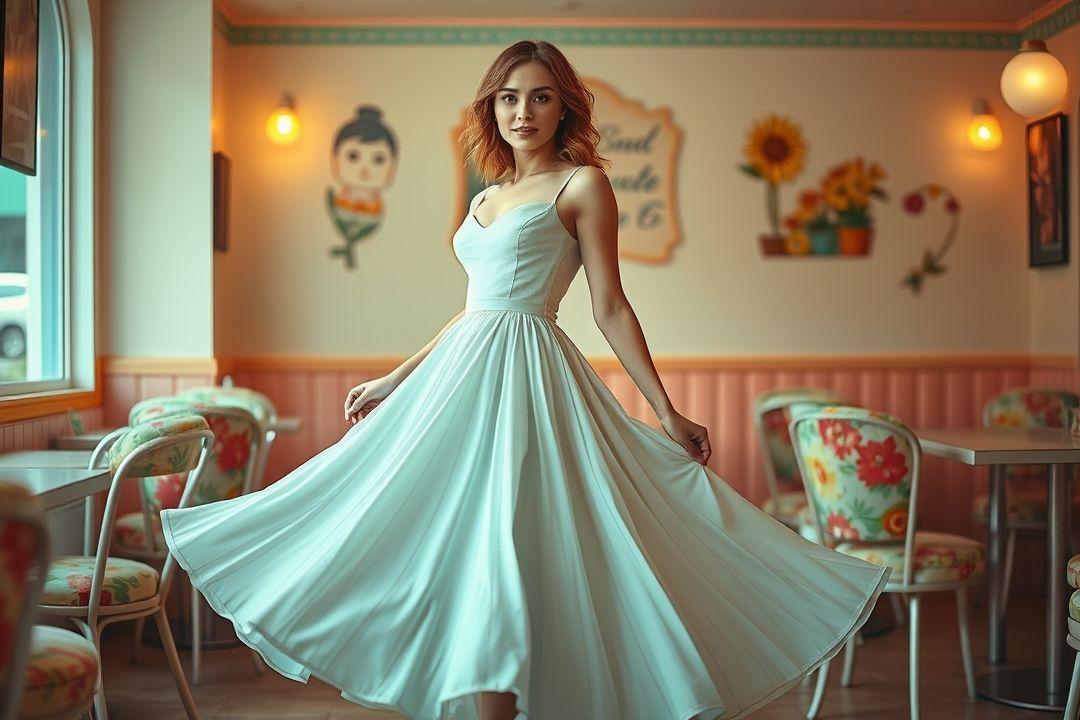 Платье с высоким воротником и длинными рукавами, в горошек, сочетание черного и белого цветов, на фоне ретро-автомобиля