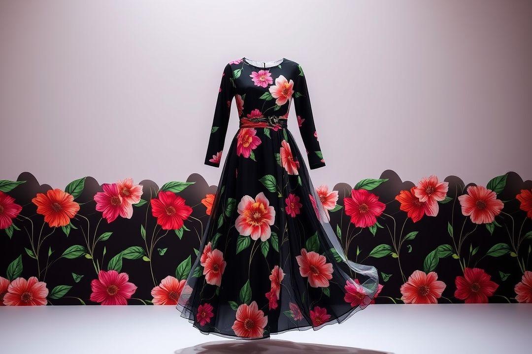 Вечернее платье с открытой спиной, белый фон, крупные яркие цветы, длинная волнистая юбка