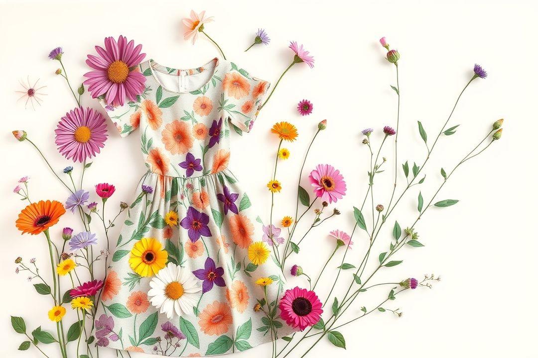 Платье в цветочек с короткими рукавами, яркие полевые цветы на светлом фоне