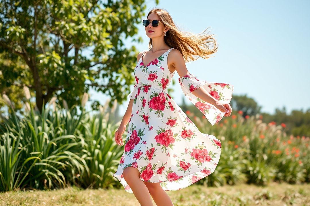 Вечернее платье с крупными цветами, элегантность, вечерний свет