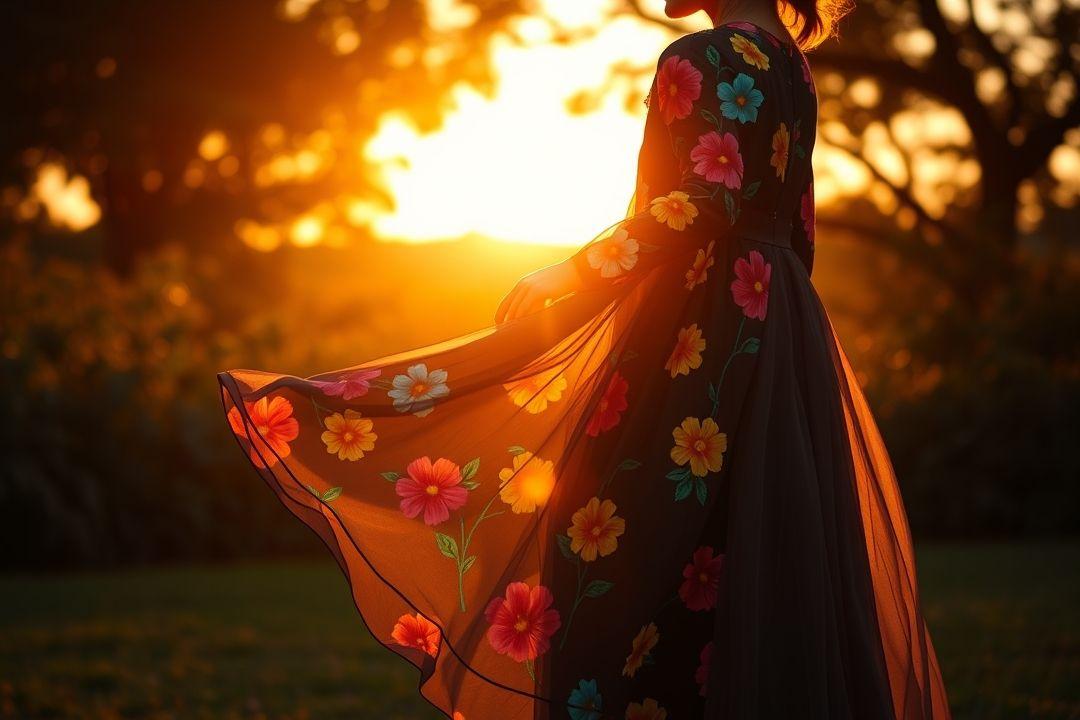 Вечернее платье с открытой спиной, белый фон, крупные яркие цветы, длинная волнистая юбка