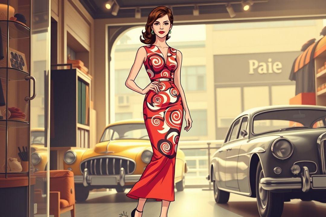 Мини-платье с яркими геометрическими узорами, без рукавов, аксессуары в стиле эпохи, на улице с атмосферой 60-х