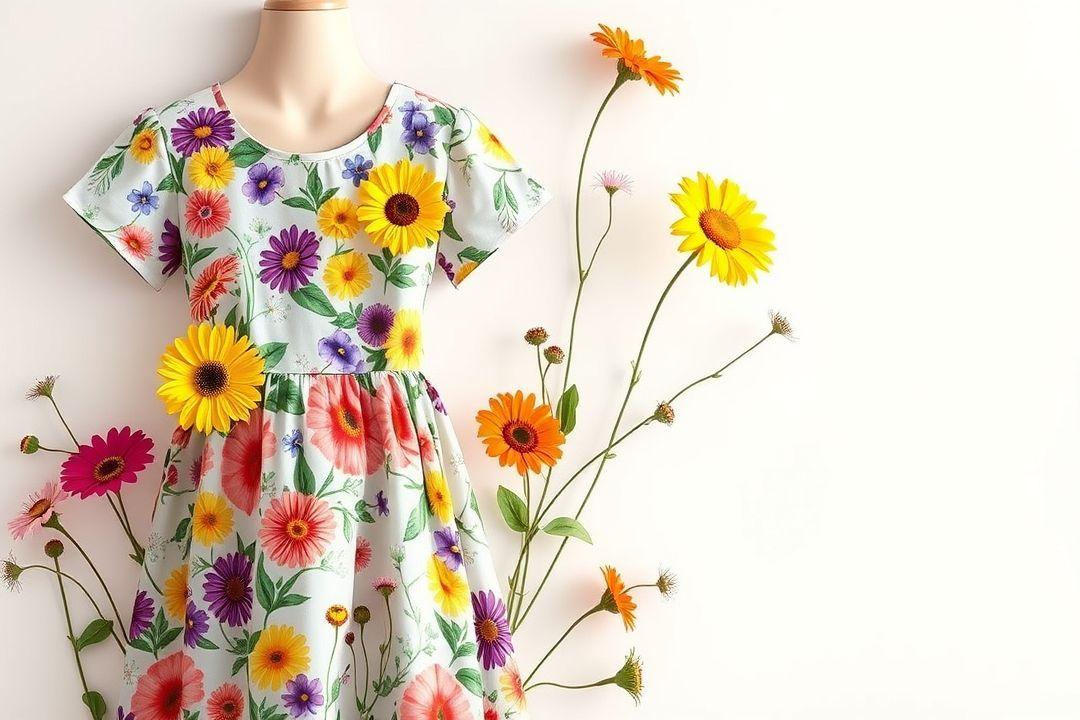 Платье в цветочек с короткими рукавами, яркие полевые цветы на светлом фоне