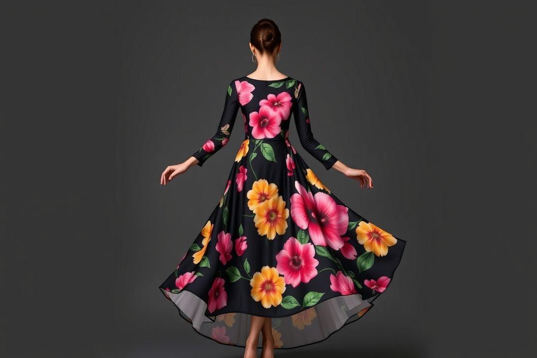 Вечернее платье с открытой спиной, белый фон, крупные яркие цветы, длинная волнистая юбка