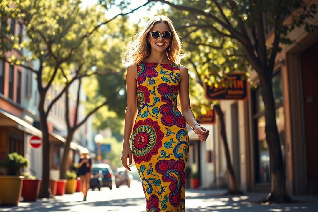 Мини-платье с яркими геометрическими узорами, без рукавов, аксессуары в стиле эпохи, на улице с атмосферой 60-х