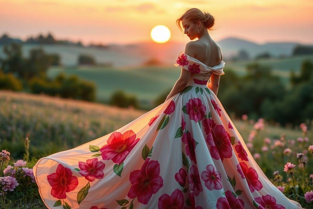 Вечернее платье с открытой спиной, белый фон, крупные яркие цветы, длинная волнистая юбка