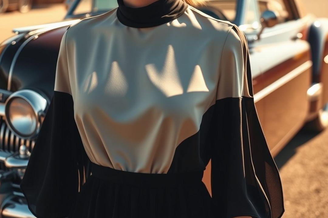 Мини-платье с яркими геометрическими узорами, без рукавов, аксессуары в стиле эпохи, на улице с атмосферой 60-х