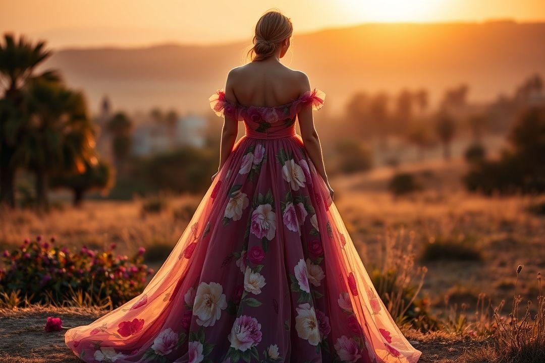 Вечернее платье с вырезом на груди, абстрактный цветочный рисунок, изысканные детали, легкий шлейф.