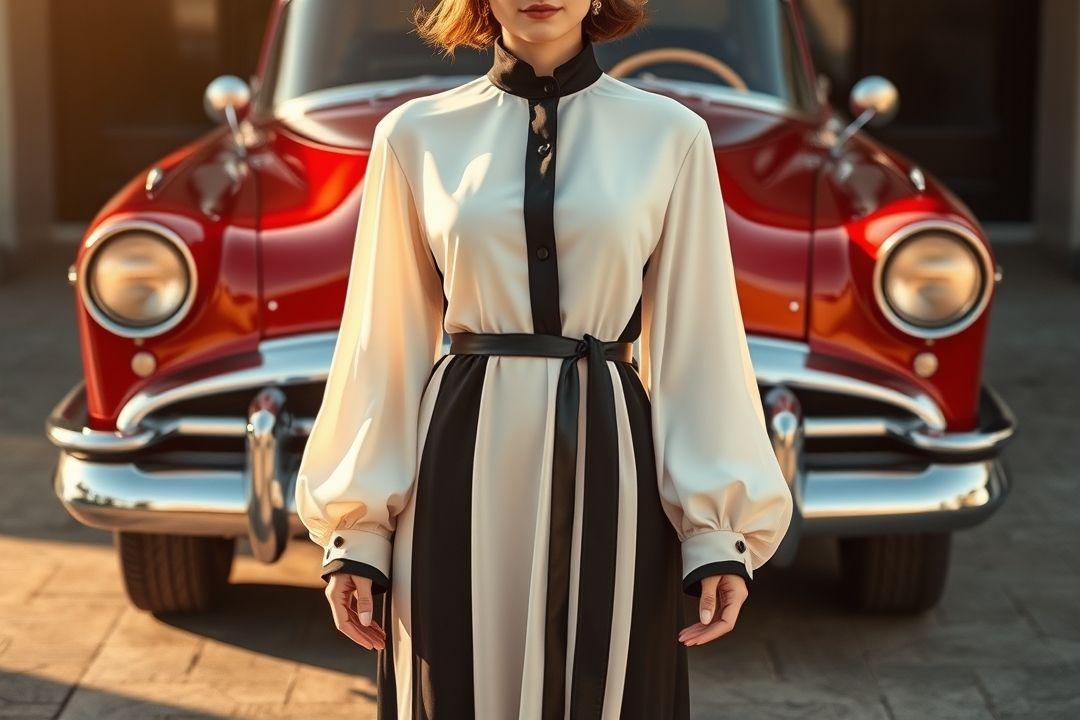 Платье с пышной юбкой и облегающим верхом, пастельные тона, цветочные кресла, на фоне уютного кафе в стиле ретро.