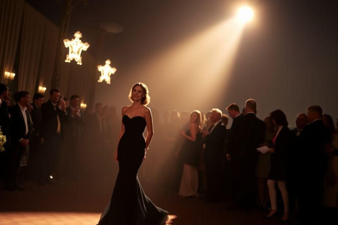 Синее вечернее платье в белый горошек, струящаяся ткань, высокий разрез, фон с видом на ночной город.