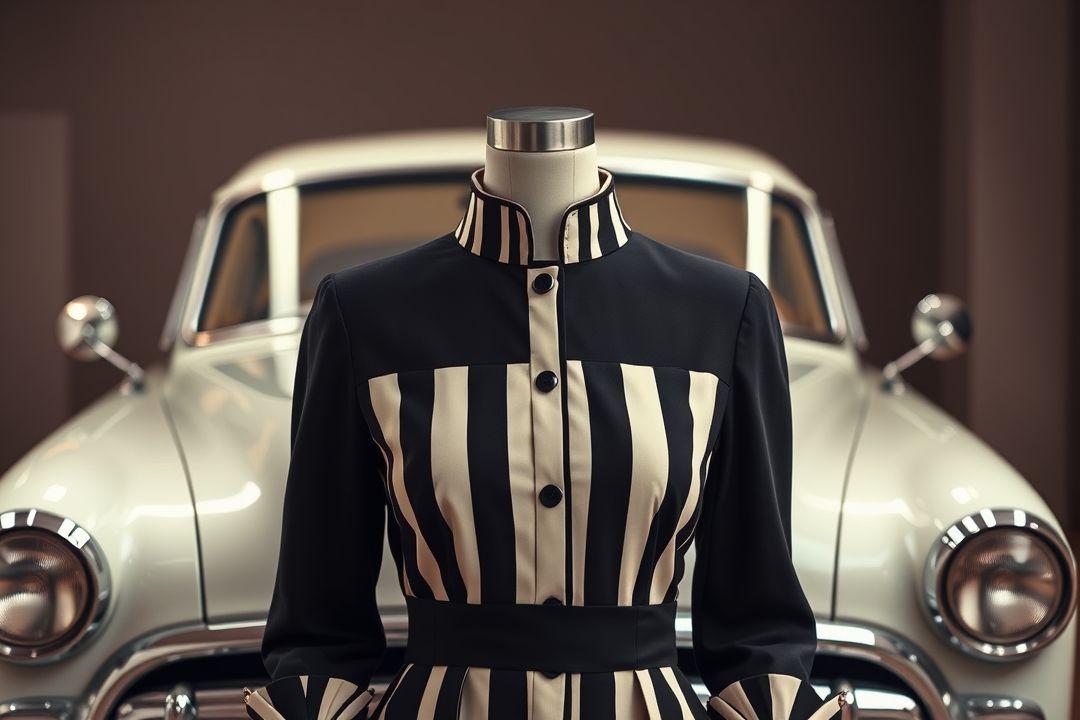 Платье с пышной юбкой и облегающим верхом, пастельные тона, цветочные кресла, на фоне уютного кафе в стиле ретро.