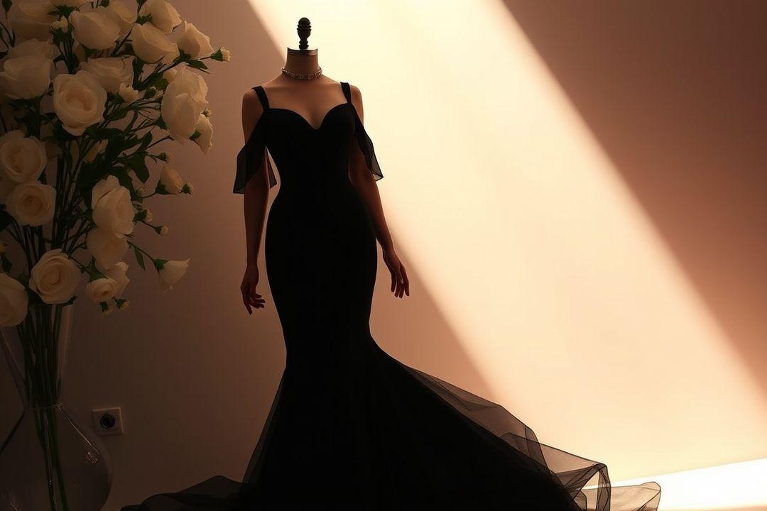 Синее вечернее платье в белый горошек, струящаяся ткань, высокий разрез, фон с видом на ночной город.