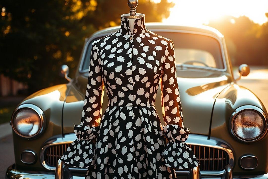 Платье с пышной юбкой и облегающим верхом, пастельные тона, цветочные кресла, на фоне уютного кафе в стиле ретро.