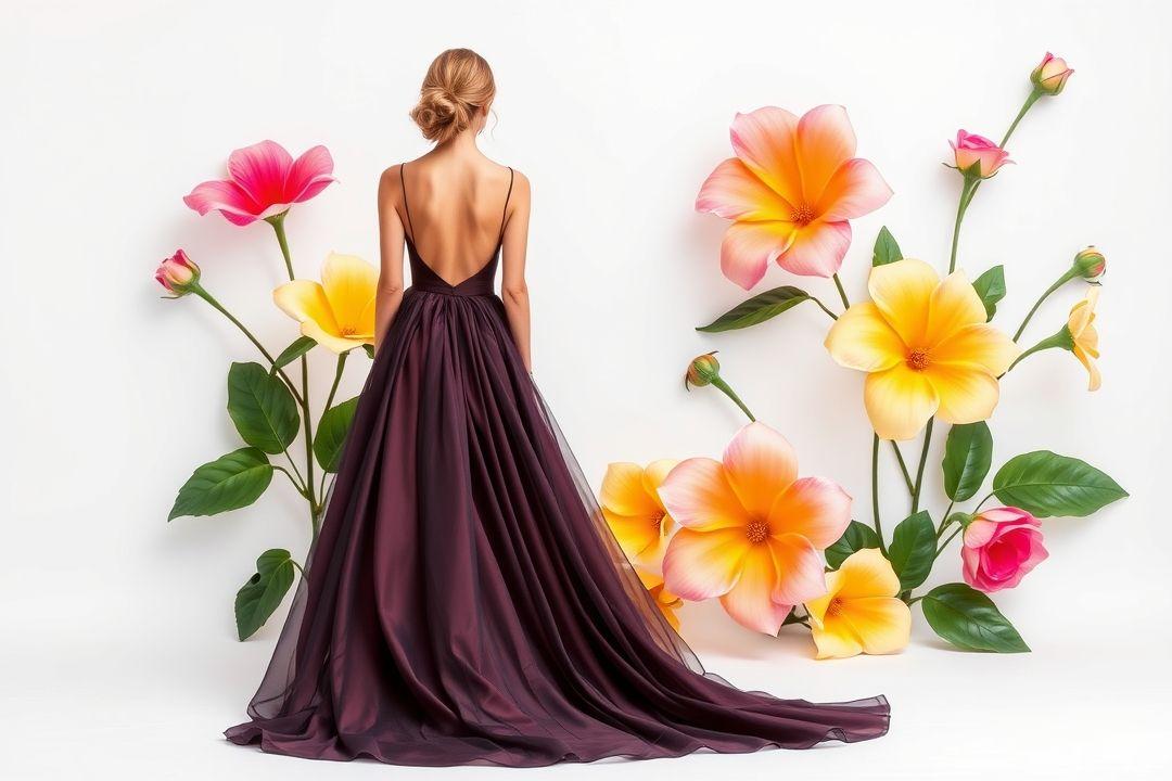 Вечернее платье с вырезом на груди, абстрактный цветочный рисунок, изысканные детали, легкий шлейф.