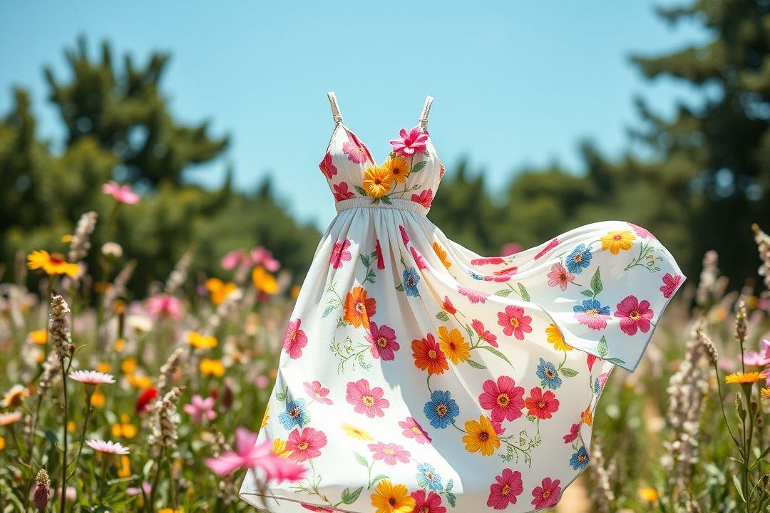 Платье в цветочек с короткими рукавами, яркие полевые цветы на светлом фоне